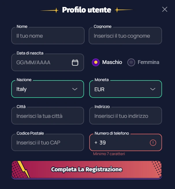 Spinlander Casino registrazione passo 2